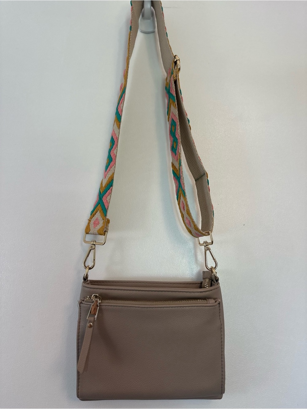 Miztique Taupe Crossbody with Colorful Embroidered Strap
